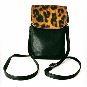 Black Leather Crossbody Phone Bag with Leopard Print Flap